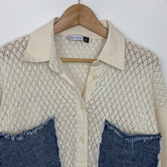Tiffany & Tomato Knitted Crochet Denim Patch Blouse Shirt - Picture 4 of 10